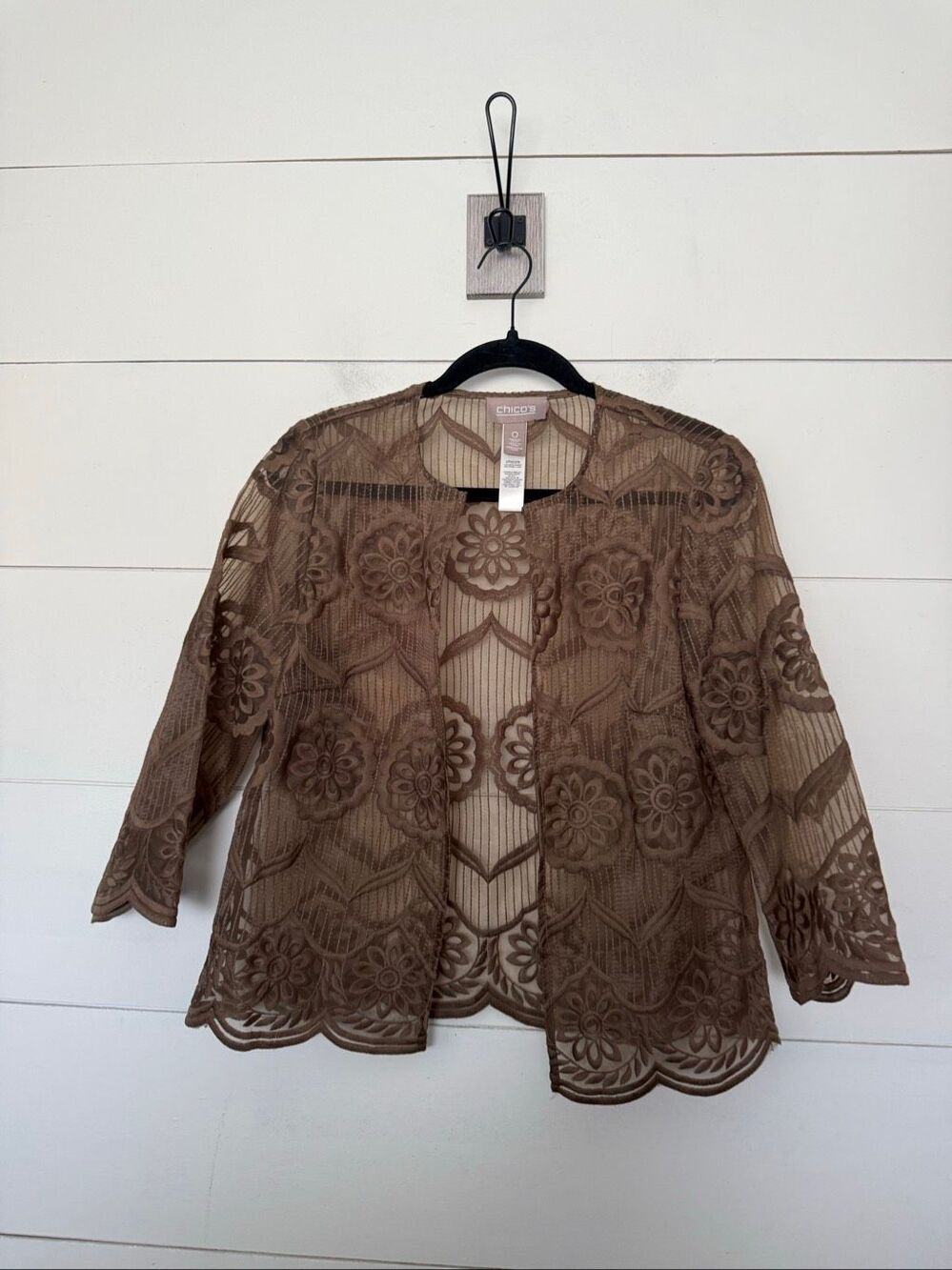 Chico’s Women’s 0 Brown Lace 3/4 Sleeve Cardigan Boho Western